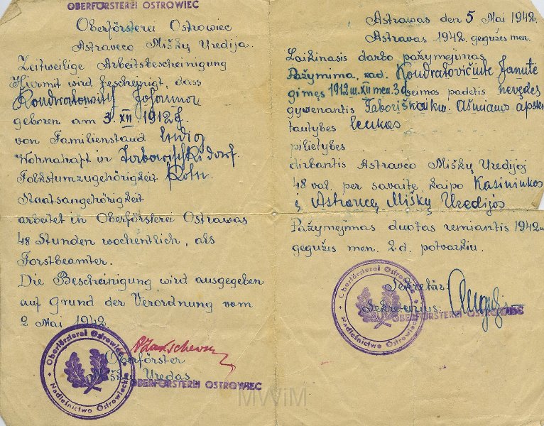 KKE 5293a.jpg - Dok. (litewski-niemiecki) – Dok. Legitymacja pracownicza Janiny Kondratowicz z Nadleśnictwa ostrowieckiego, Oberforstereh Ostrowiec - Astrawas, 2 V 1942 r.